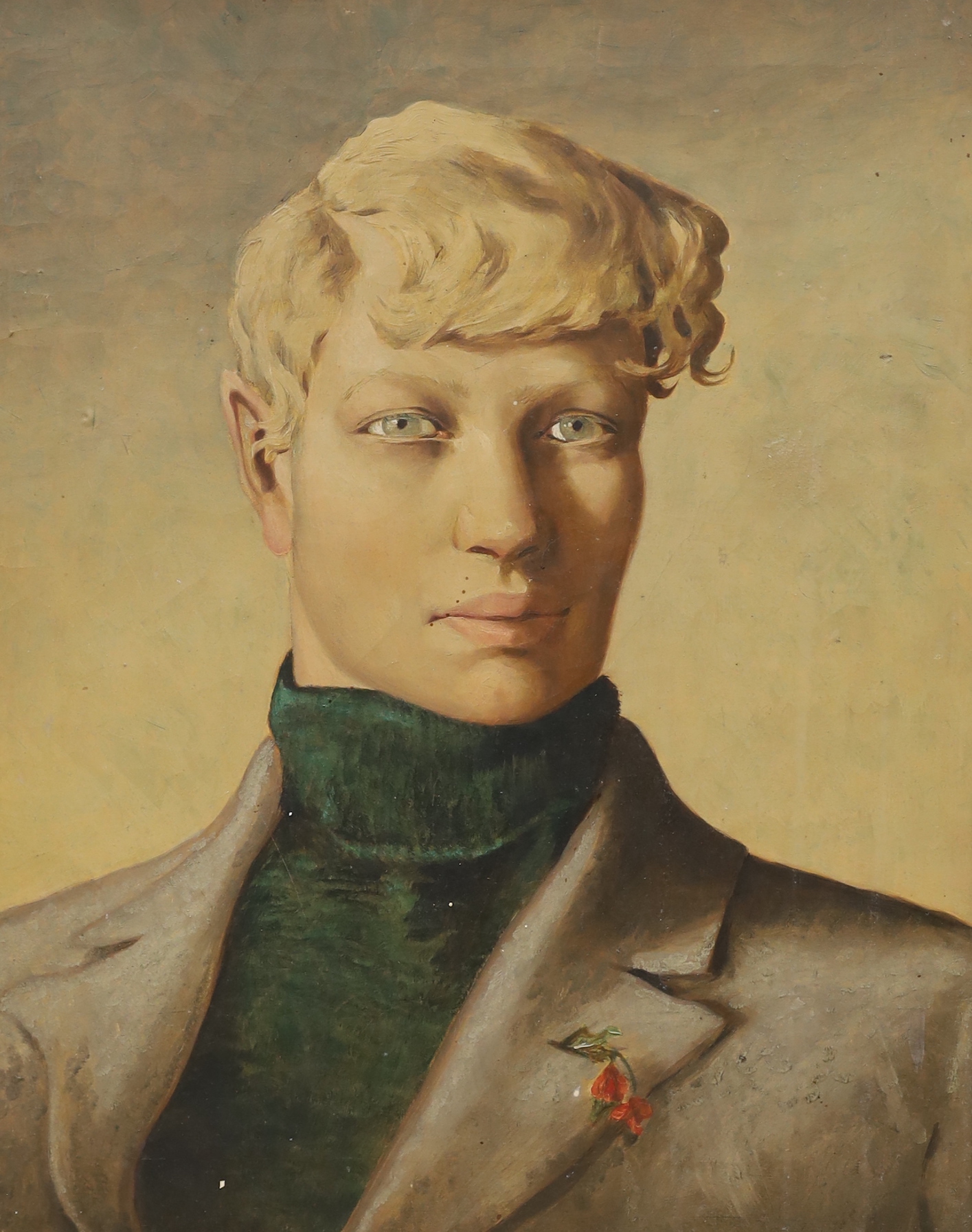 Modern British, oil on canvas, Stylish head and shoulders portrait of a young gentleman, London Soho stamp verso, 49 x 39cm